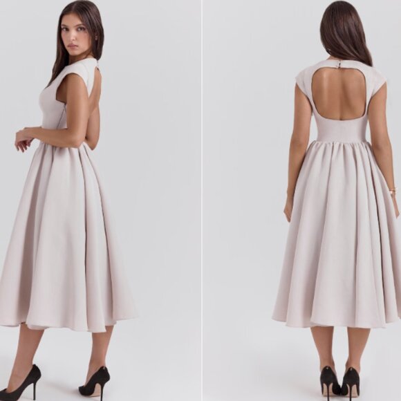 HOUSE OF CB 'Debutante' French Dove Moire Satin Backless Midi NWOT - Picture 4 of 8